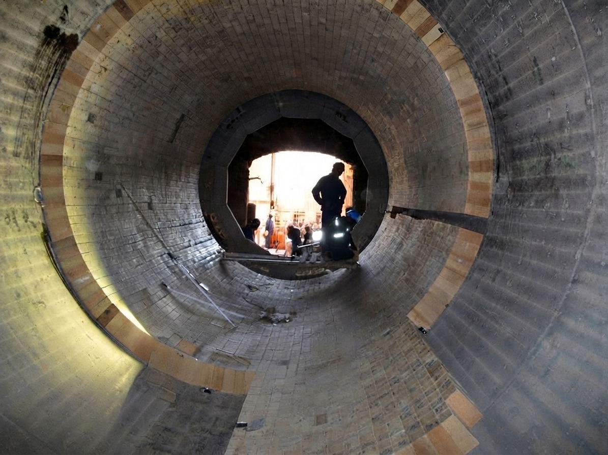 Cross Refractory crew at the opening of a brick-lined kiln during a reline